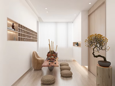 Zen Style Entryway Hallway With Wooden Furniture Bonsai And Cushions 3d model
