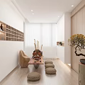 Zen Style Entryway Hallway With Wooden Furniture Bonsai And Cushions
