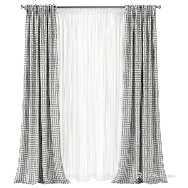 Classic Checkered Curtain Design With White Sheer Panels And Elegant Draped Layers 3d model 