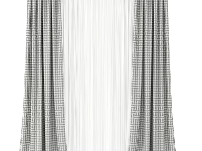 Classic Checkered Curtain Design With White Sheer Panels And Elegant Draped Layers 3d model