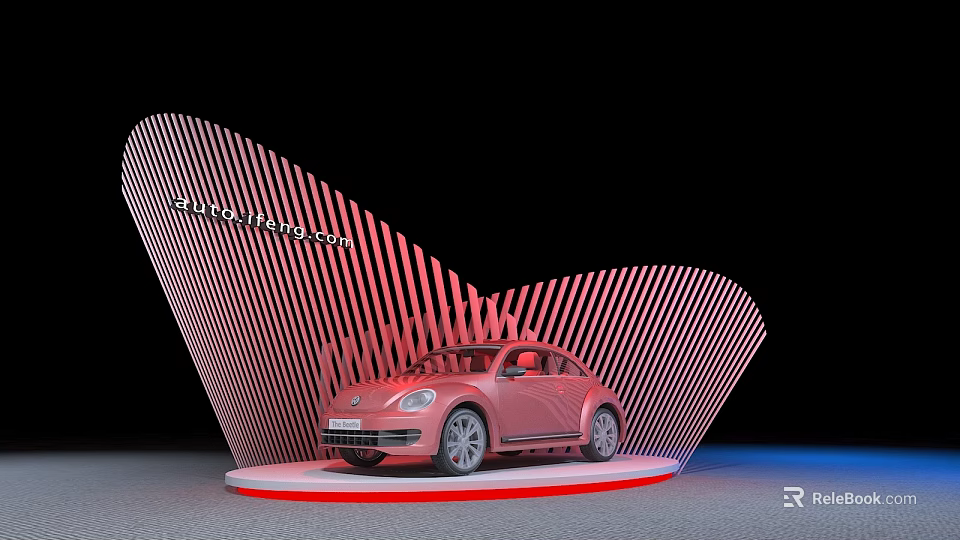 Showcase Shelf Displaying Red Beetle Car with Striped Design and White Platform 3d model 