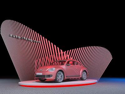 Showcase Shelf Displaying Red Beetle Car with Striped Design and White Platform 3d model