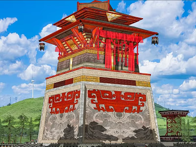 Ancient Chinese Architecture Traditional Tower with Red Roof Overhanging Eaves and Carved Base 3d model
