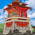 Ancient Chinese Architecture Traditional Tower with Red Roof Overhanging Eaves and Carved Base