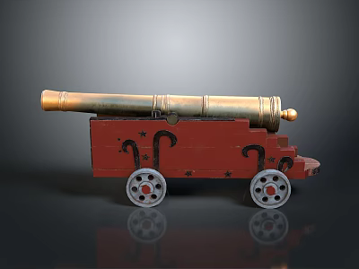 Old Fashioned Brass Cannon On Red Wooden Carriage With Decorative Wheels 3d model