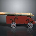 Old Fashioned Brass Cannon On Red Wooden Carriage With Decorative Wheels