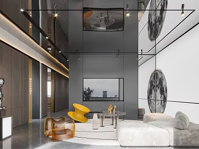 Modern Front Desk Reception Area Featuring Sleek Counter Seating And Decorative Elements 3d model
