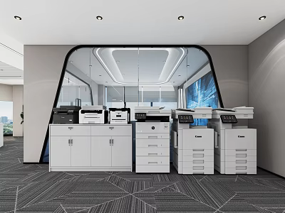 Modern Office Space With Efficient Office Appliances Including Printers And Copiers On White Cabinets 3d model
