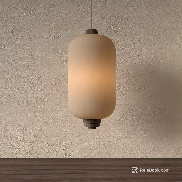 Modern Minimalist Cylindrical Beige Fabric Lantern Hanging On Light Textured Wall 3d model 