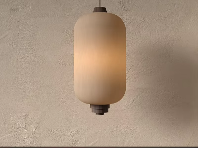 Modern Minimalist Cylindrical Beige Fabric Lantern Hanging On Light Textured Wall 3d model