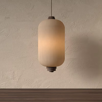 Modern Minimalist Cylindrical Beige Fabric Lantern Hanging On Light Textured Wall 3d model