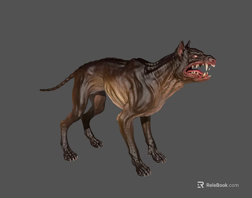 Ferocious Monster Dog With Sharp Teeth And Muscular Body On Gray Background 3d model 