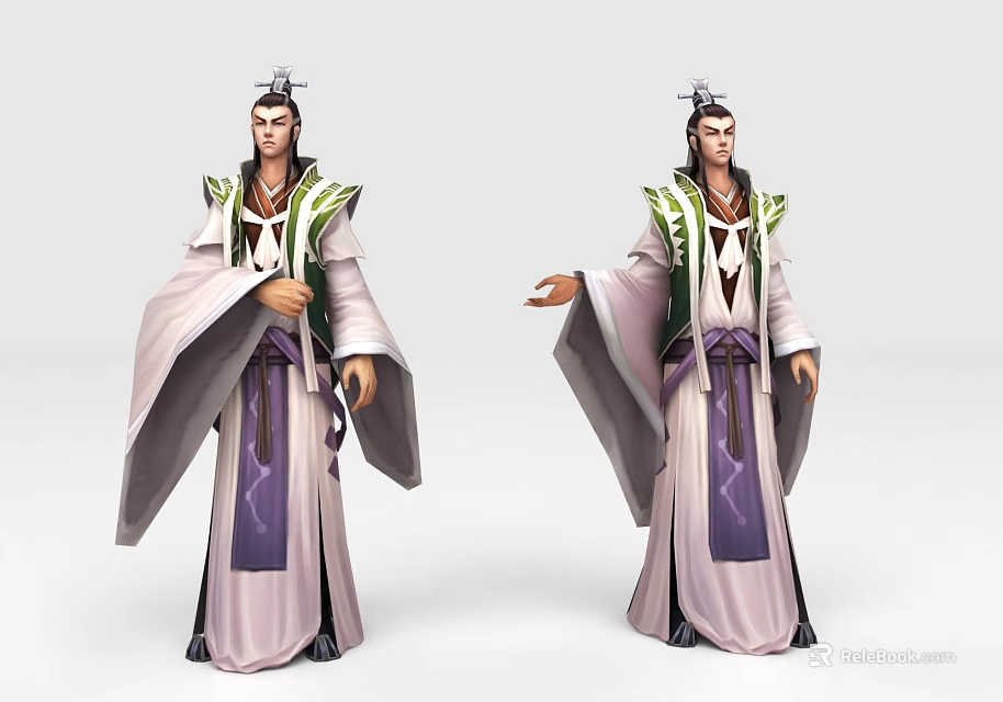Ancient Game and Movie Character in Purple White Robe with Green Ornaments and Crown 3d model 
