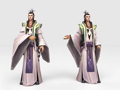 Ancient Game and Movie Character in Purple White Robe with Green Ornaments and Crown 3d model