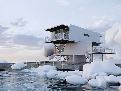 Modern White Detached Villa On Water With Terrace And Cloud Like Decorations 3d model