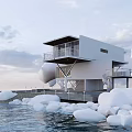 Modern White Detached Villa On Water With Terrace And Cloud Like Decorations