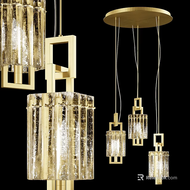 Modern Luxury Gold Glass Pendant Lights With Square Frame And Transparent Design 3d model 