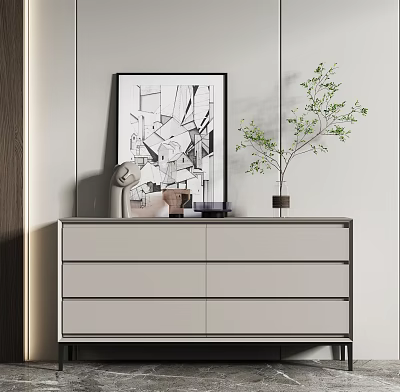 Modern Console Table With Drawers Black White Geometric Painting Sculpture And Green Plant 3d model