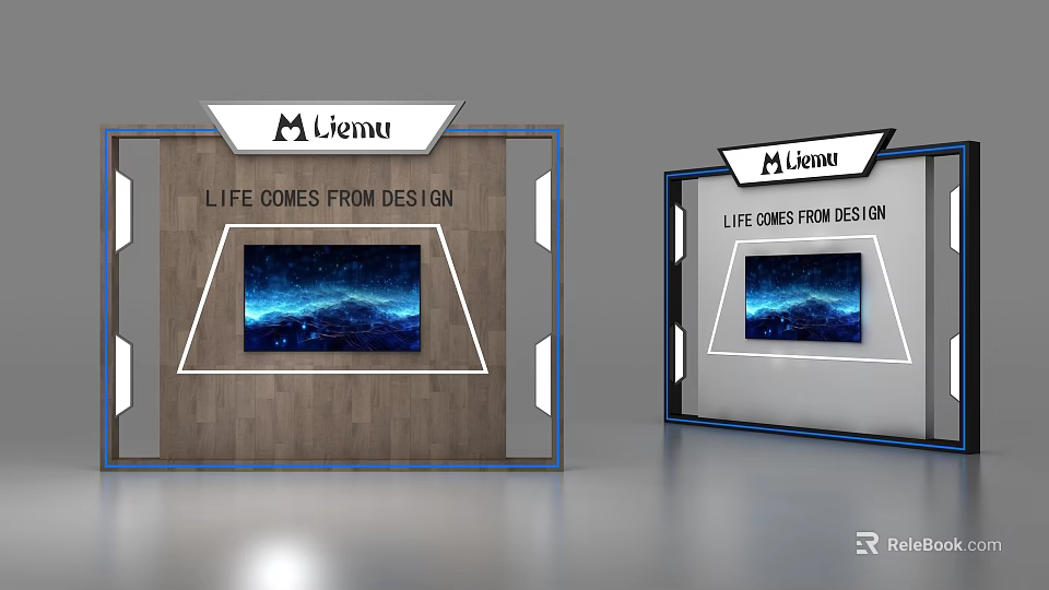Modern Exhibition Display Shelves With Wooden Panels White Frames And Digital Screen 3d model 