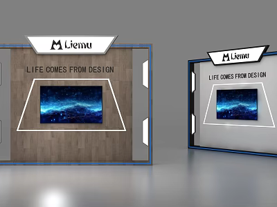 Modern Exhibition Display Shelves With Wooden Panels White Frames And Digital Screen 3d model