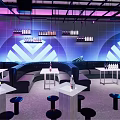 Modern Bar Interior With Neon Purple Blue Lights Geometric Patterns And Cozy Seating