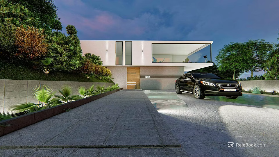 Modern Detached Villa Exterior Design With Paved Driveway Black Car And Lush Greenery 3d model 