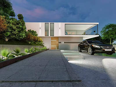 Modern Detached Villa Exterior Design With Paved Driveway Black Car And Lush Greenery 3d model