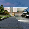 Modern Detached Villa Exterior Design With Paved Driveway Black Car And Lush Greenery