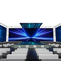 Modern Tech Stage Design With Blue Lighting Geometric Lines Logo And Audience Seats 3d model