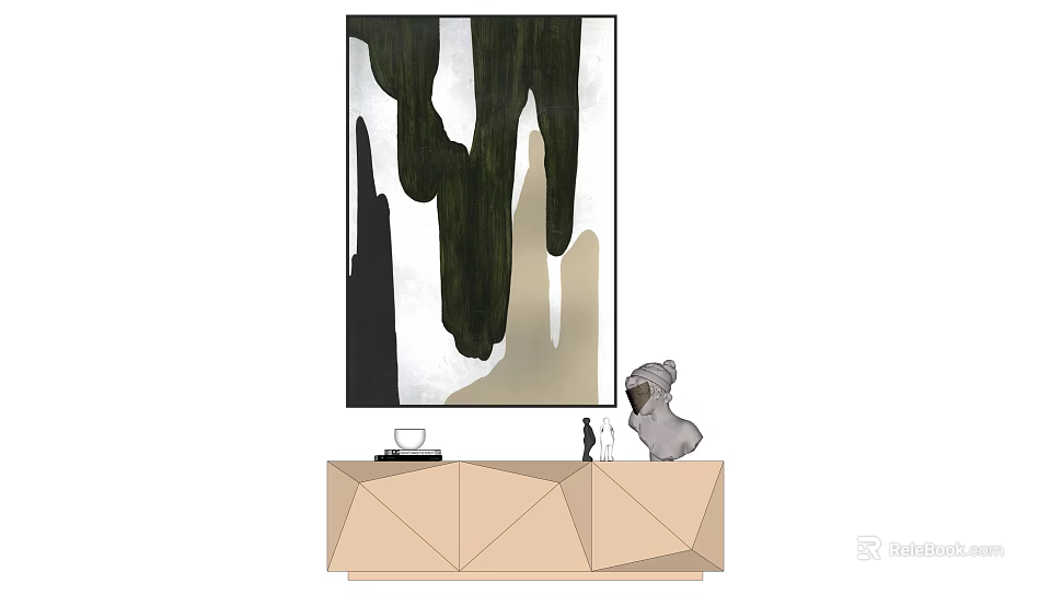 Modern Interior With Abstract Painting Above Geometric Cabinet And Decorative Items 3d model 