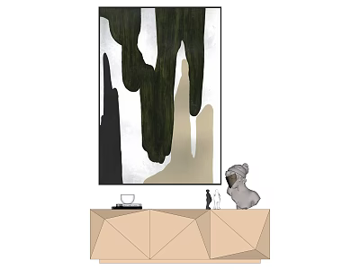 Modern Interior With Abstract Painting Above Geometric Cabinet And Decorative Items 3d model