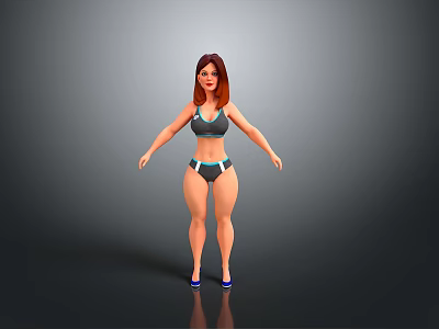 Woman Muscular With Reddish Brown Hair Wearing Sports Bra Shorts Blue Shoes Against Gray Background 3d model
