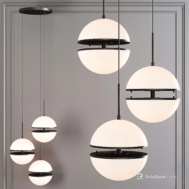 Modern Spherical Pendant Lights With White Shades And Black Metal Frames For Contemporary Interior Spaces 3d model 