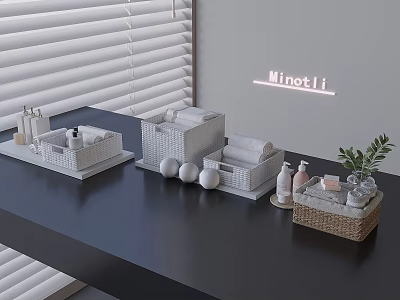 Laundry Daily Essentials with Wicker Storage Baskets Towels and Cleansing Bottles 3d model
