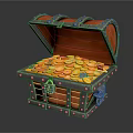 Open Treasure Chest Filled With Gold Coins Wooden Body And Metal Accents Design