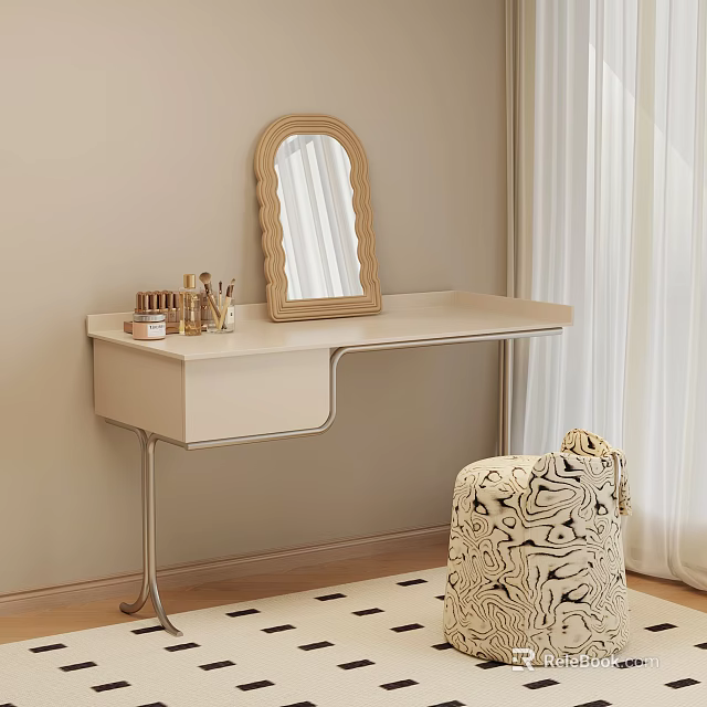 Modern Light Colored Dressing Table With Scalloped Mirror And Patterned Stool 3d model