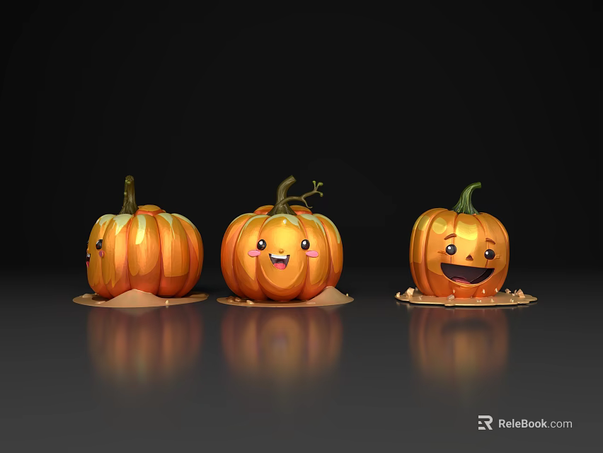 Three Orange Vegetable Pumpkins With Cute Smiling Faces On Dark Background 3d model 