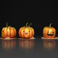 Three Orange Vegetable Pumpkins With Cute Smiling Faces On Dark Background 3d model