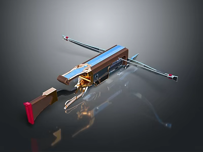 Mechanical Crossbow Weapon with Metal Frame Wooden Grip and Red Accents 3d model
