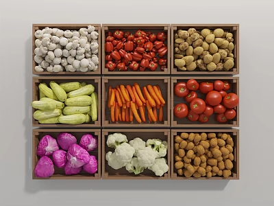 Various Fresh Vegetables Arranged in Wooden Boxes with Carrots Tomatoes Garlic 3d model