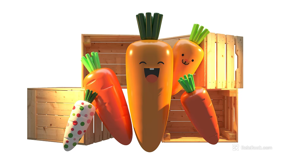 Cartoon Style Carrots With Smiling Faces Colorful Dotted And Different Sizes On Wooden Crate Background 3d model 