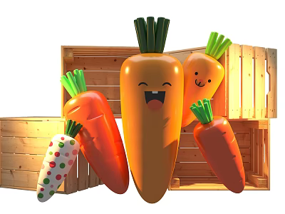 Cartoon Style Carrots With Smiling Faces Colorful Dotted And Different Sizes On Wooden Crate Background 3d model