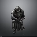 Medieval Knight Battle Armor Statue In Silver Metal Squatting Pose