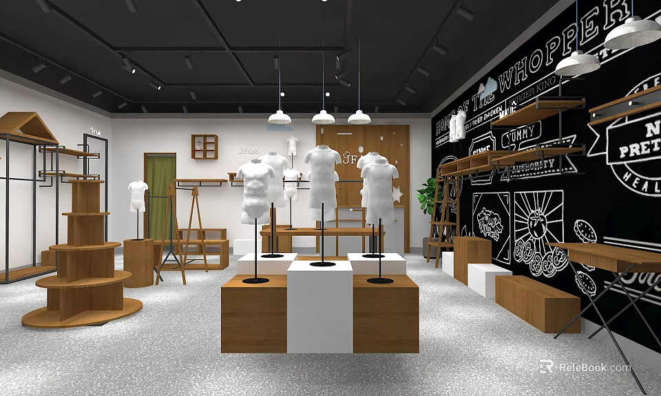 Modern Clothing Store Interior With Mannequins Wooden Display Shelves And Hanging Lights 3d model 