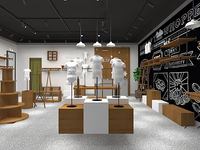 Modern Clothing Store Interior With Mannequins Wooden Display Shelves And Hanging Lights 3d model