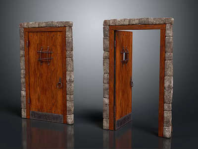 Stone Door Frames With Wooden Doors Closed And Open Metal Accents 3d model