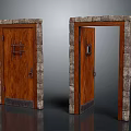 Stone Door Frames With Wooden Doors Closed And Open Metal Accents