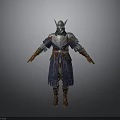 Fantasy Warrior Character With Horned Helmet Blue Embroidered Robe And Brown Boots