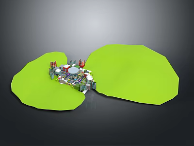Green Scenic Landscape With Irregular Green Shapes And Small Model Buildings Against Gray Background 3d model