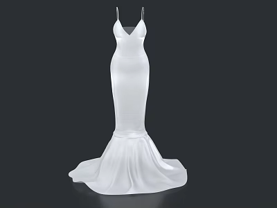 White Long Mermaid Dress With Spaghetti Straps V Neck And Silky Fabric 3d model